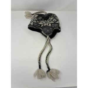 Everest Designs Wool Earflap Hat Grey Cream Fleece‎ Lined Handmade Nepal Chullo